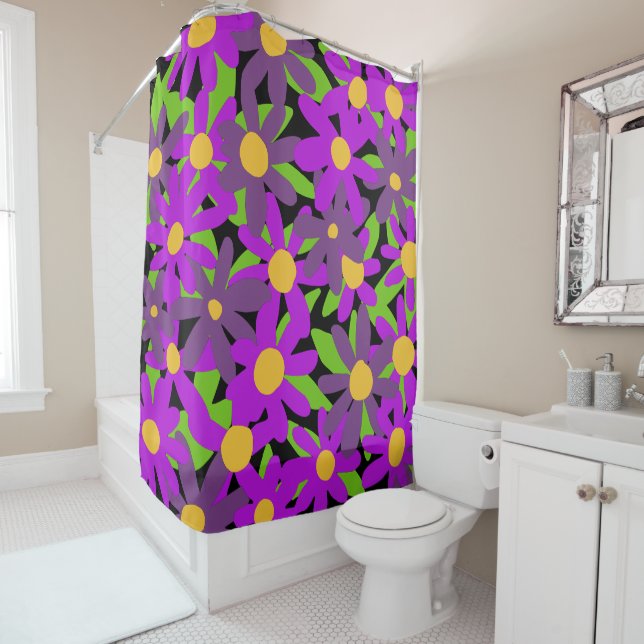 Rideaux De Douche Fleurs violettes et vertes (En situation)