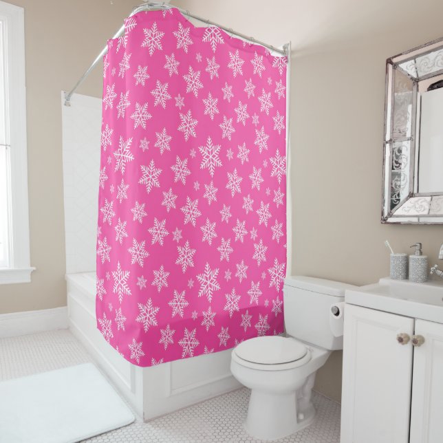 Rideaux De Douche Flocons blancs sur motif d'hiver rose (En situation)