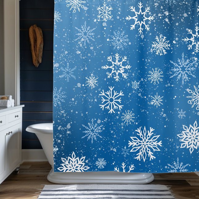 Rideaux De Douche Flocons de Neige Bleus Classique Hiver Blanc (Créateur téléchargé)