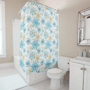 Rideaux De Douche Flocons de neige d'hiver en aquarelle bleue et pai