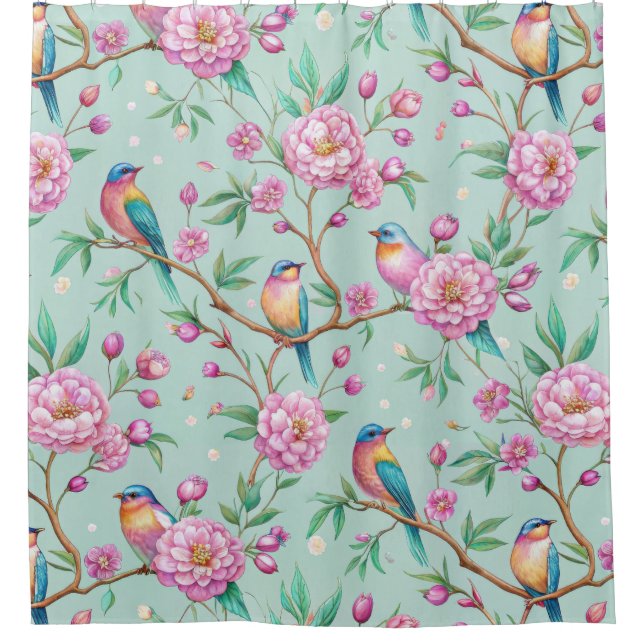 Rideaux De Douche Floral Birds Pattern on Mint Background (1) (Devant)
