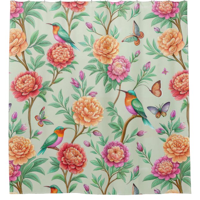 Rideaux De Douche Floral Birds Pattern on Mint Background (11) (Devant)