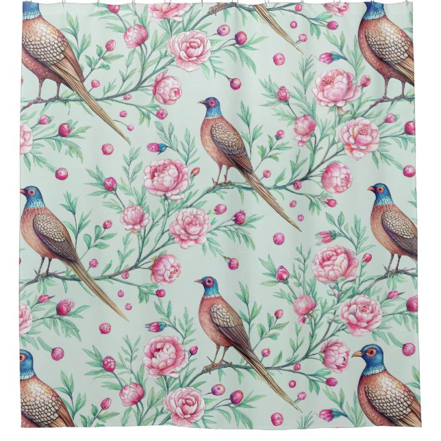 Rideaux De Douche Floral Birds Pattern on Mint Background (2) (Devant)