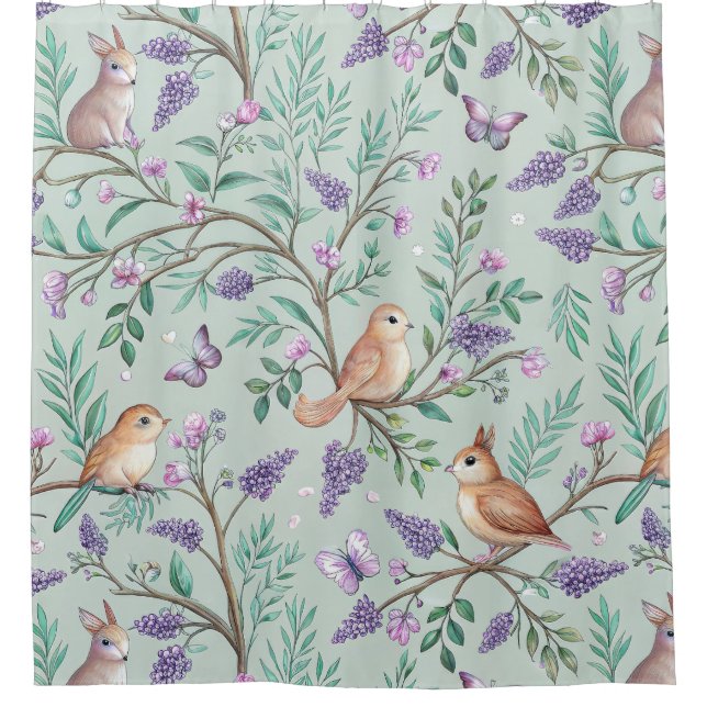 Rideaux De Douche Floral Birds Pattern on Mint Background (9) (Devant)