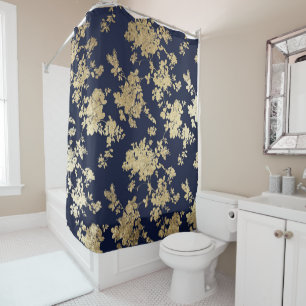 Rideaux De Douche Floral chic vintage minable d'or de faux de bleu