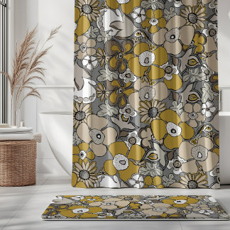 Rideaux De Douche Floral Doodles Moutarde Beige Taupe Gris Noir  
