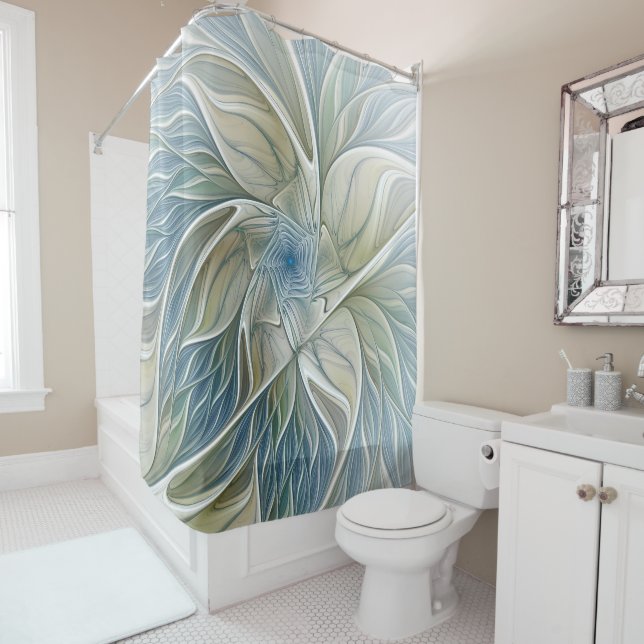 Rideaux De Douche Floral Dream Motif Abstrait Blue Khaki Fractal (En situation)