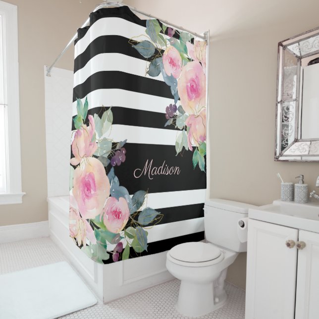 Rideaux De Douche Floral Elegant Stripes Nom Rose Noir Blanc (En situation)