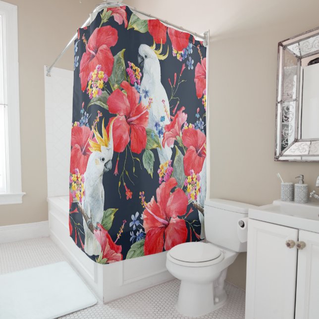 Rideaux De Douche Floral Motif tropical Hibiscus Cockatoo (En situation)