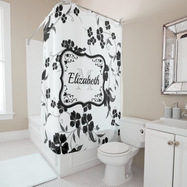 Rideaux De Douche Floral noir et blanc (En situation)