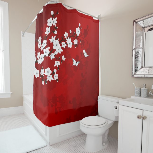 Rideaux De Douche Floral Red White Cherry Blossom Oriental (En situation)
