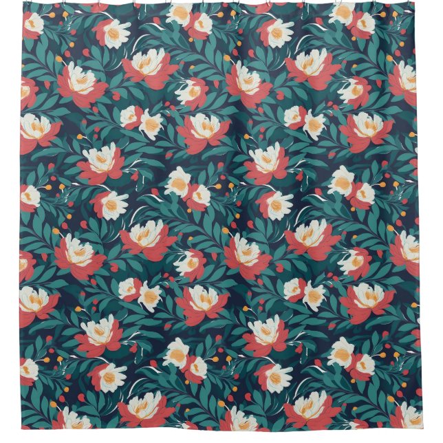 Rideaux De Douche Floral rouge et blanc (Devant)