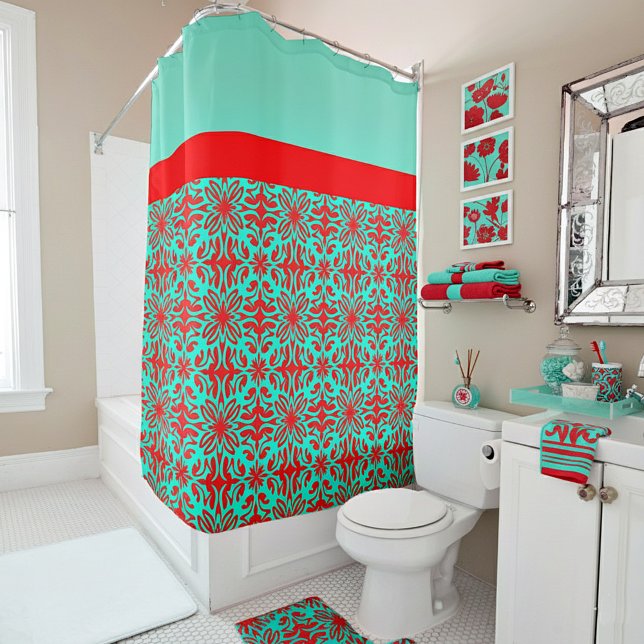 Rideaux De Douche Floral rouge et turquoise (Créateur téléchargé)