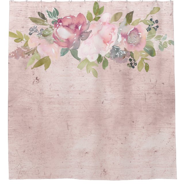 Rideaux De Douche Flore d'aquarelle rose pâle sur un bleu dénudé  (Devant)