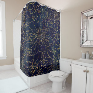 Rideaux De Douche Flore dorée et bleu Dahlia