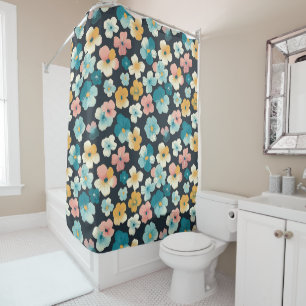 Rideaux De Douche Flore vintage en bleu et jaune