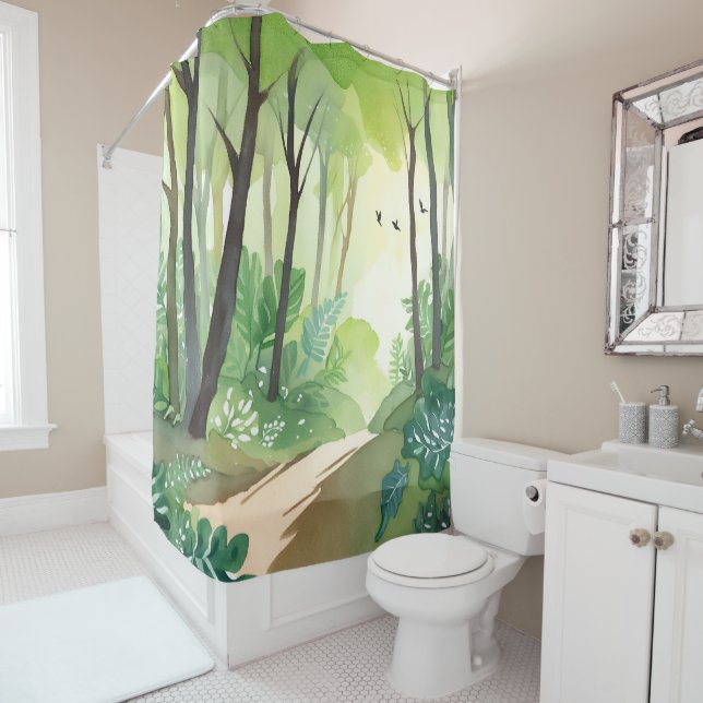 Rideaux De Douche Flourishing Green Forest | Nature Watercolor (En situation)