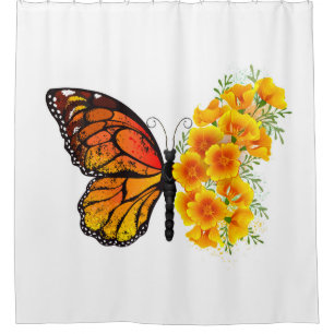 Rideaux De Douche Flower Butterfly with Yellow California Poppy