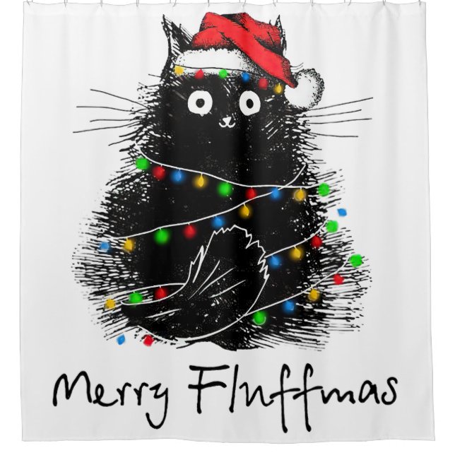 Rideaux De Douche Fluffmas Joyeux Chat Noir, Arbre De Noël Chat Lumi (Devant)