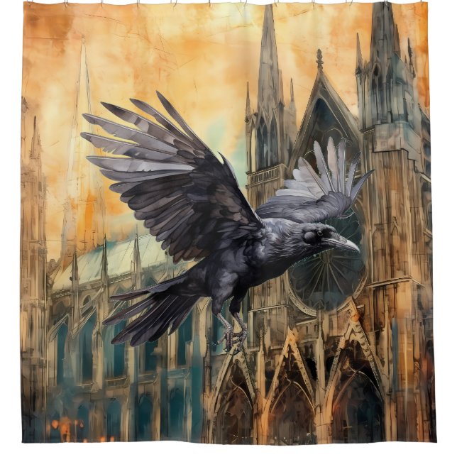 Rideaux De Douche Flying Raven et la cathédrale gothique médiévale (Devant)