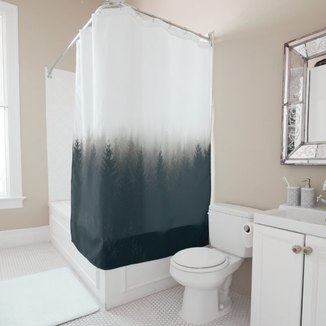 Rideaux De Douche Foggy Forest Pine Mountain Art esthétique (En situation)