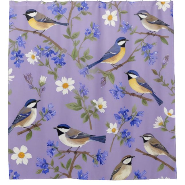 Rideaux De Douche Fond Violet Avec Oiseaux  (Devant)