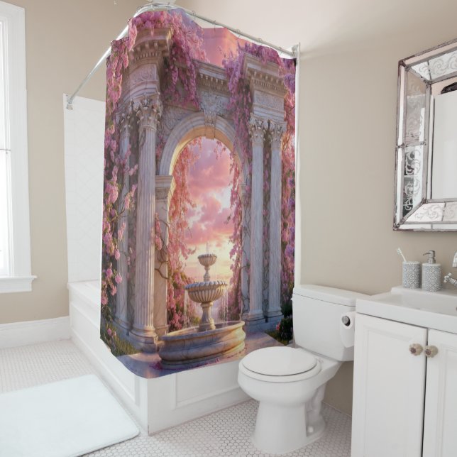 Rideaux De Douche Fontaine Fleur de Cerisier Rose Arc de Marbre (En situation)