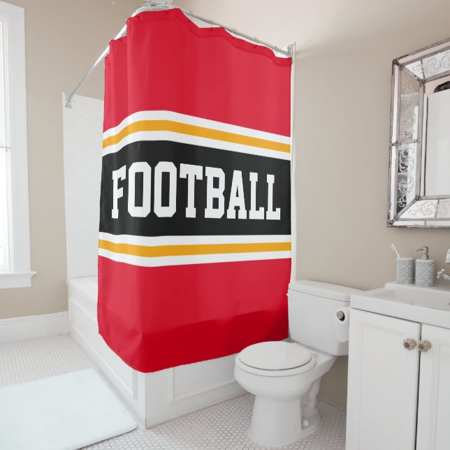 Rideaux De Douche FOOTBALL rouge vif noir jaune rayures de course (En situation)