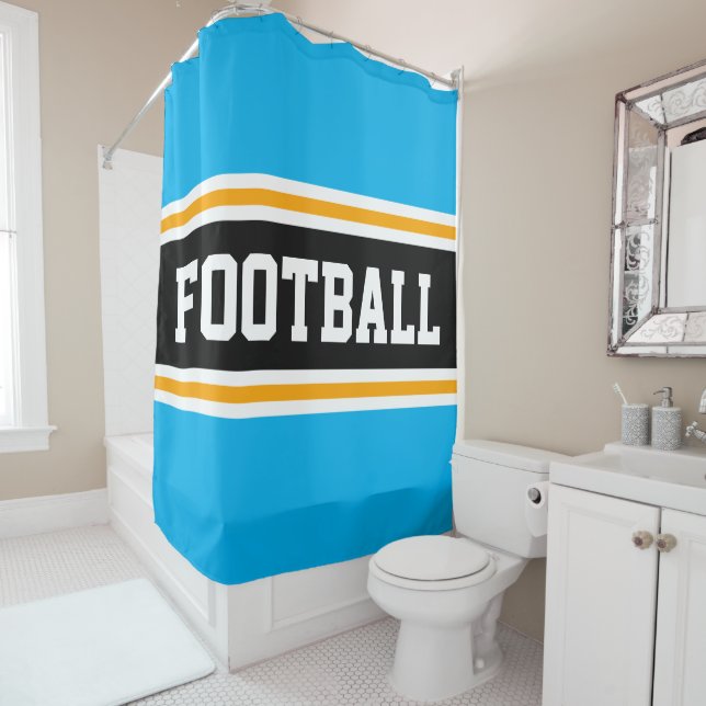 Rideaux De Douche FOOTBALL Sky Blue Black Yellow Racing Stripes (En situation)