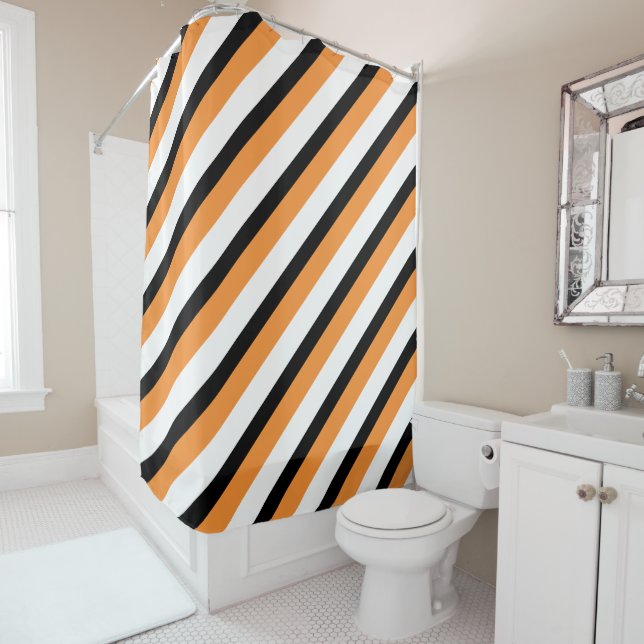 Rideaux De Douche For Stylish Bathrooms – Orange & Black Striped  (En situation)