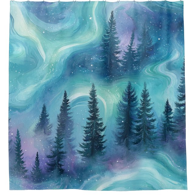Rideaux De Douche Forêt Aurore Boréale à l'aquarelle (Devant)
