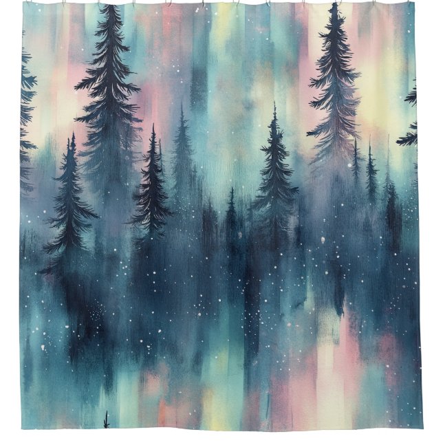 Rideaux De Douche Forêt Aurore Boréale à l'aquarelle (Devant)