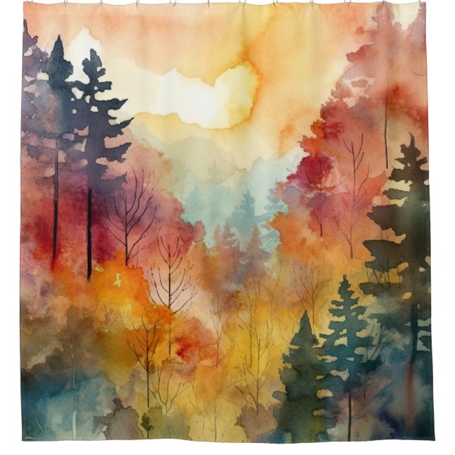 Rideaux De Douche Forêt d'Automne Aquarelle Lumineuse (Devant)