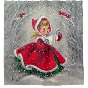 Rideaux De Douche Forêt d'hiver Vintage Fille de Noël