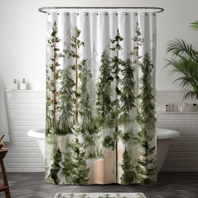 Rideaux De Douche Forêt verte rustique à l'aquarelle (In situ bathroom)