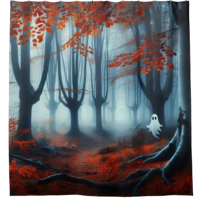 Rideaux De Douche Forêts éffrayantes d'automne avec un fantôme (Devant)