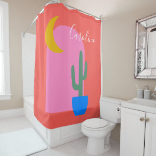 Rideaux De Douche Formes colorées de lune Boho Cactus en rouge sur m