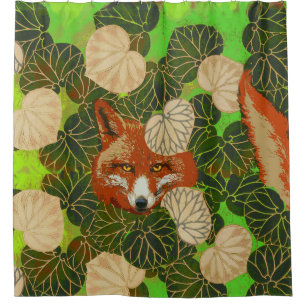 RIDEAUX DE DOUCHE FOX ROUGE PARMI LES FEUILLES VERTS ET LE FOLIAGE