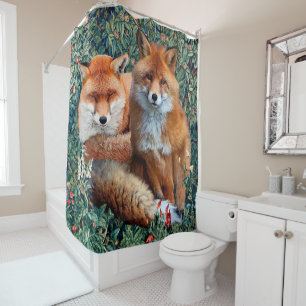 RIDEAUX DE DOUCHE FOXES ROUGES PARMI LA VERDURE, LE FOLIAGE ET LES F