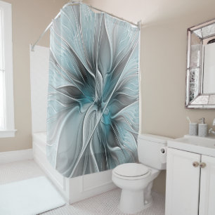 Rideaux De Douche Fractal Floral Moderne Abstrait Fleur Bleu Gris