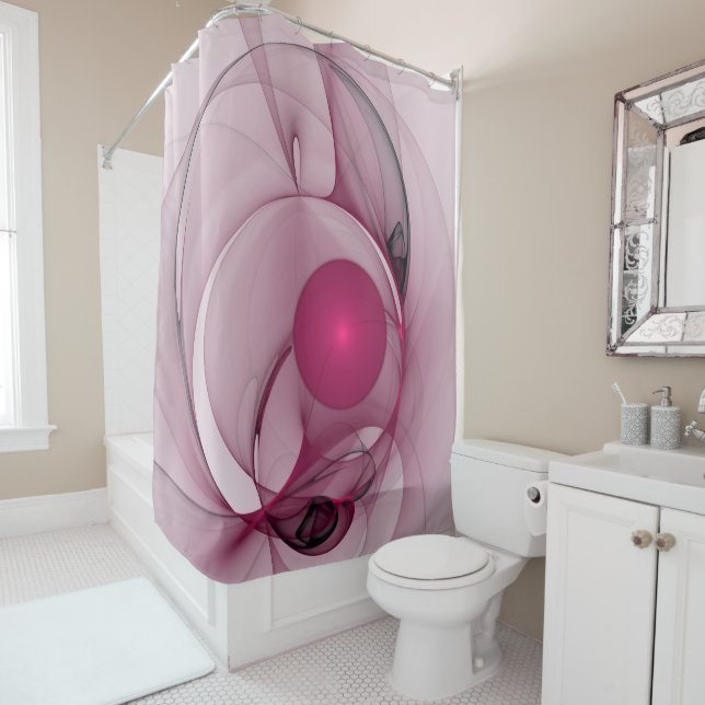 Rideaux De Douche Fractale balançante, Art abstrait moderne rose bai (En situation)