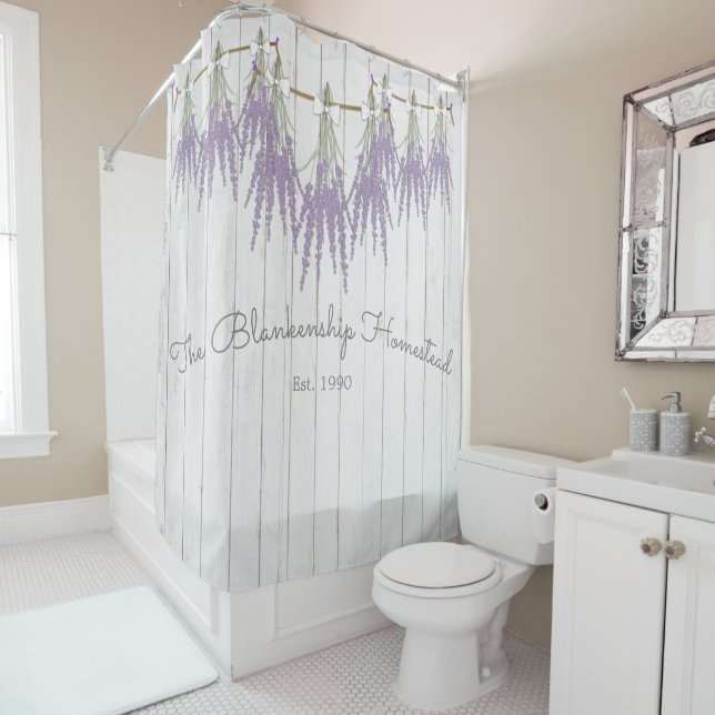 Rideaux De Douche Français Farmhouse Lavender Bund Blanc Bow (En situation)