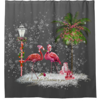 Rideaux De Douche Frase de Natal Com Casal de Flamingos