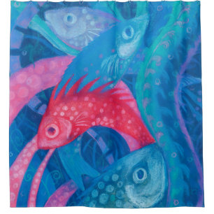 Rideaux De Douche Frayère, Poisson Art Sous-Marin Peinture Bleu Rose