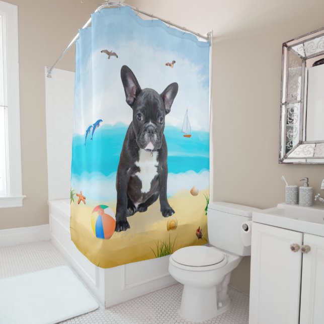 Rideaux De Douche French Bulldog sur la plage (En situation)