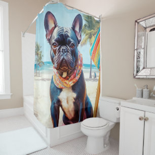 Rideaux De Douche French Bulldog sur la plage, cadeau d'été pour amo