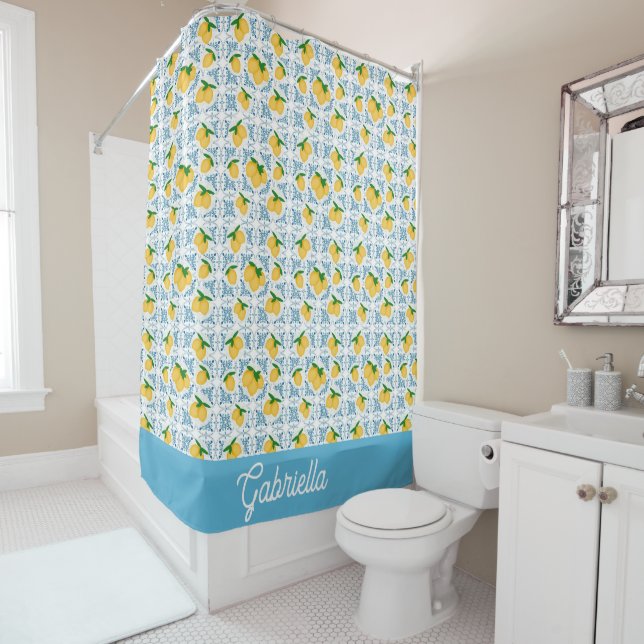 Rideaux De Douche French Country Lemon Blue Tile Pattern (En situation)