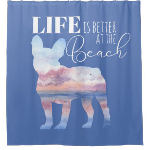 Rideaux De Douche Frenchie Beach Scène rose et bleu