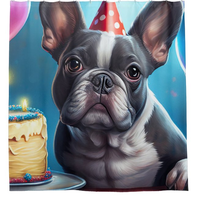 Rideaux De Douche Frenchie Birthday Bash : Un mignon Bulldog françai (Devant)