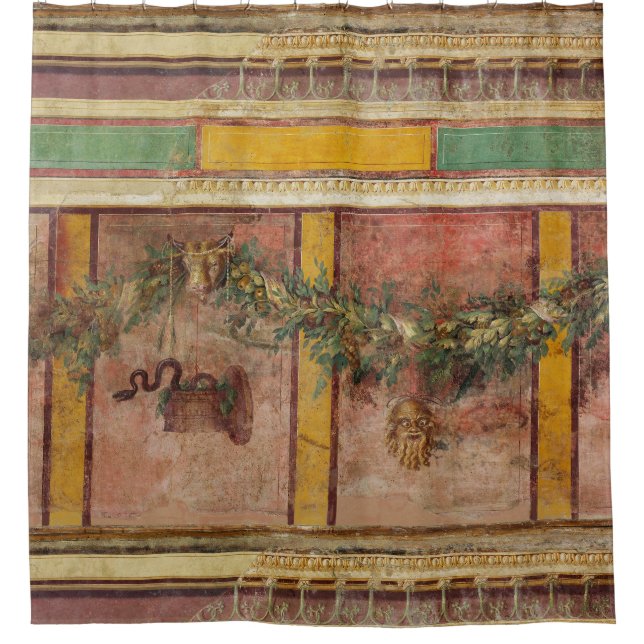 RIDEAUX DE DOUCHE FRESQUE ROMAINE ANTIQUE,MASQUE DE SATYRE,GUIRLANDE (Devant)